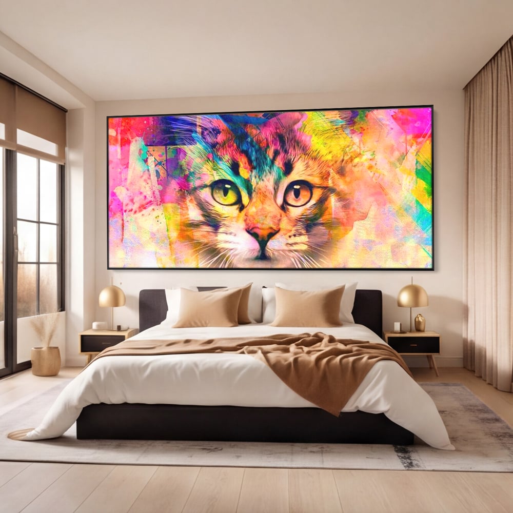 Tablou canvas cu tablou canvas cu pisica in stil graffiti, in rama de aluminiu negru, pe perete intr-un dormitor